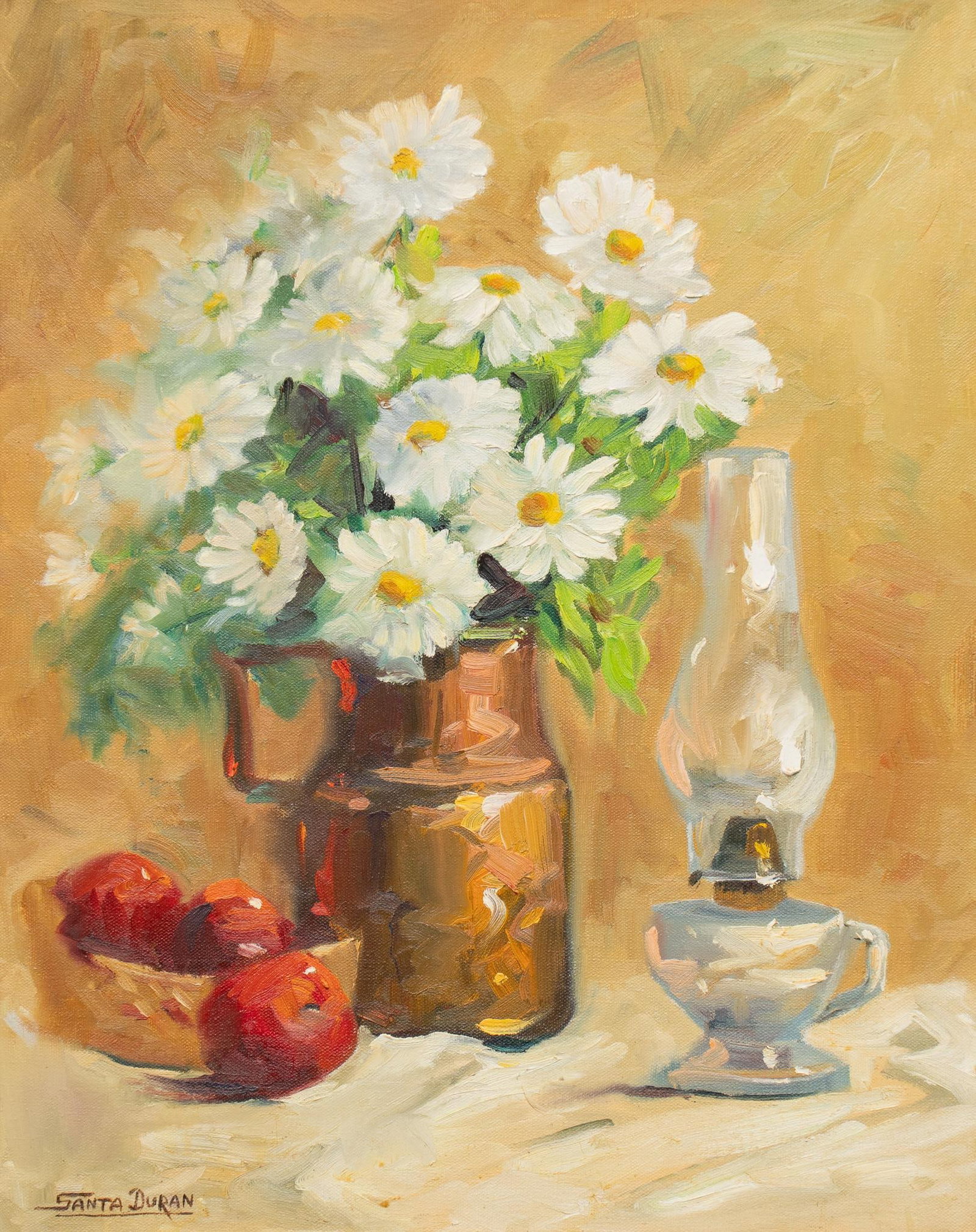 Santa Duran, Daisies in Copper: Santa Duran (Texas / Mexico, 1909-2002), still life with apples, oil lamp, and white daisies in a cooper jug, oil on canvas sight: 20 x 16 in., frame: 28.5 x 24.5 in. Santa Duran painted San Antonio s