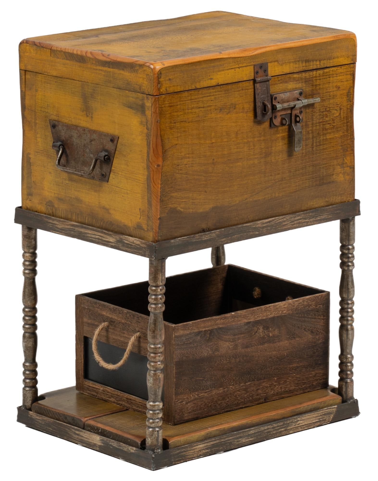 Ranch Style Chest and Crate: Ranch style chest with hinged lid and sliding latch lock, supported on elevating base, includes small accenting storage crate with rope handles height 31 in. x width 16 in. x depth 22 in. Provenance: 
