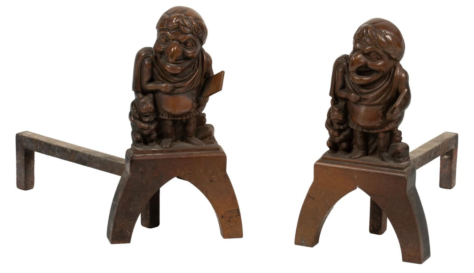 Mr. Punch Andirons: Pair of andirons featuring slapstick puppet show character Mr. Punch motif height 17.5 in. x width 10.5 in. x depth 21 in. Shipping available for this lot through our partner 4CL; please request a s
