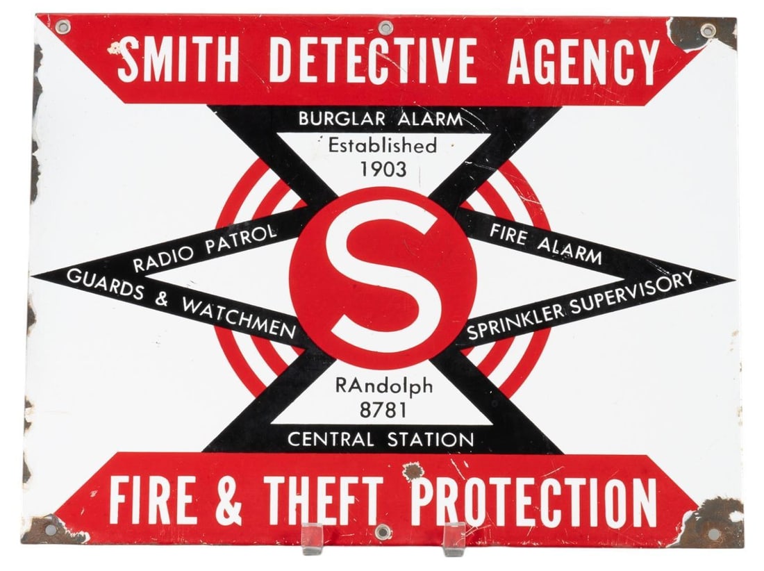 Vintage Smith Detection Agency Metal Sign: Vintage Smith Detection Agency metal sign, red, black and white metal sign, geometric central graphic that reads "Central Station, Burglar Alarm, Fire Alarm", also reads "Smith Fire Agency