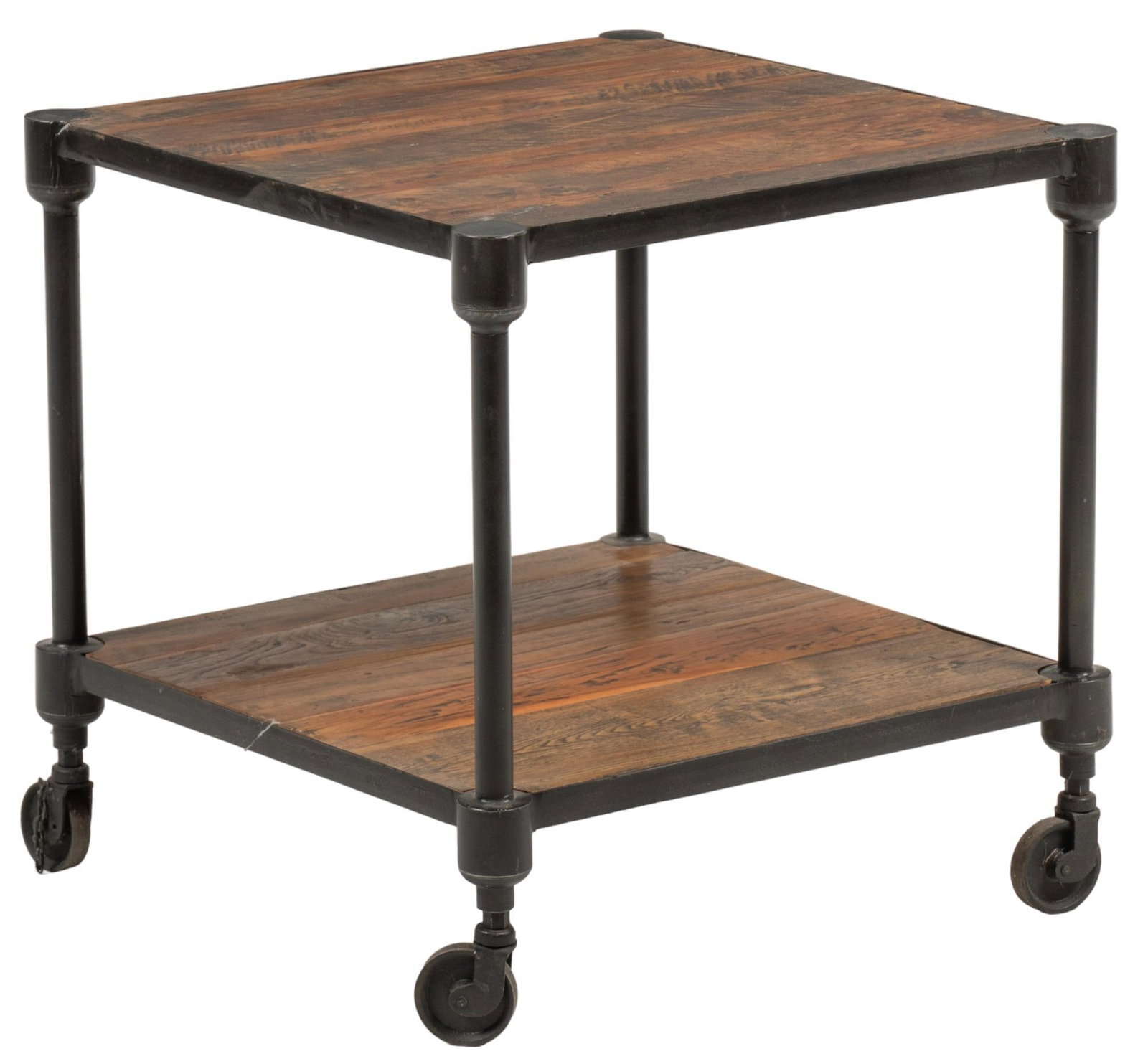 Industrial Style Side Table: Industrial style side table, with metal frame, and two storage tiers, ending on casters height 22 in. x width 22 in. x depth 22 in. Provenance: Property from the estate of a San Antonio, Texas lady Sh