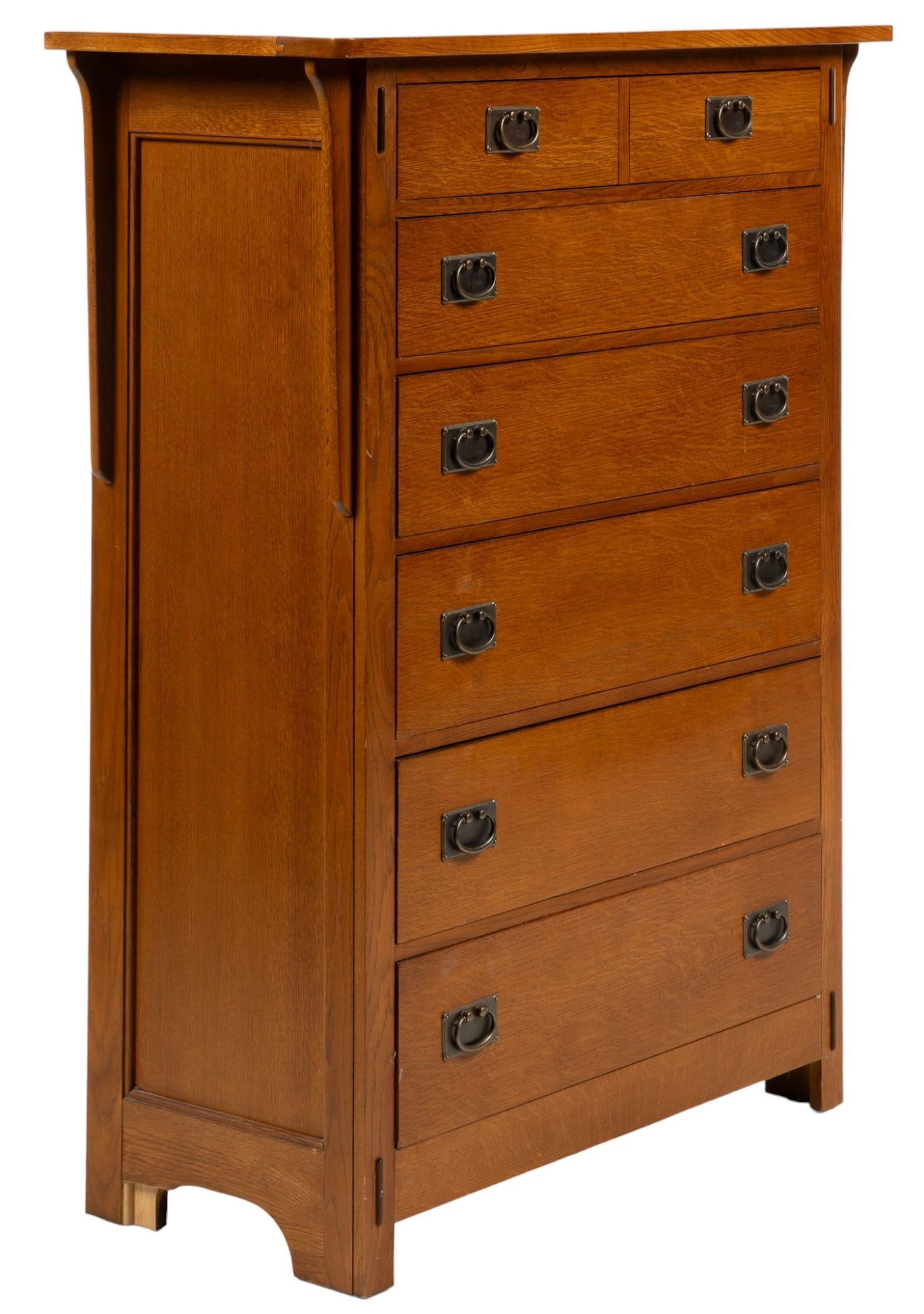 Chest of Drawers: Ranch style chest of drawers featuring oversize top above pair of small drawers with metal ring pulls over stack of five drawers of graduating sizes height 56.5 in. x width 19 in. x depth 44 in. Prove