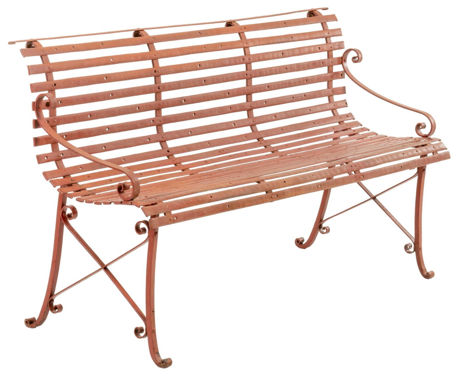 Painted Iron Bench: Iron bench with scrolled armrests and legs, with red paint height 35 in. x width 62 in. x depth 25 in. Provenance: Property from the estate of a New Braunfels, Texas gentleman Shipping available for t