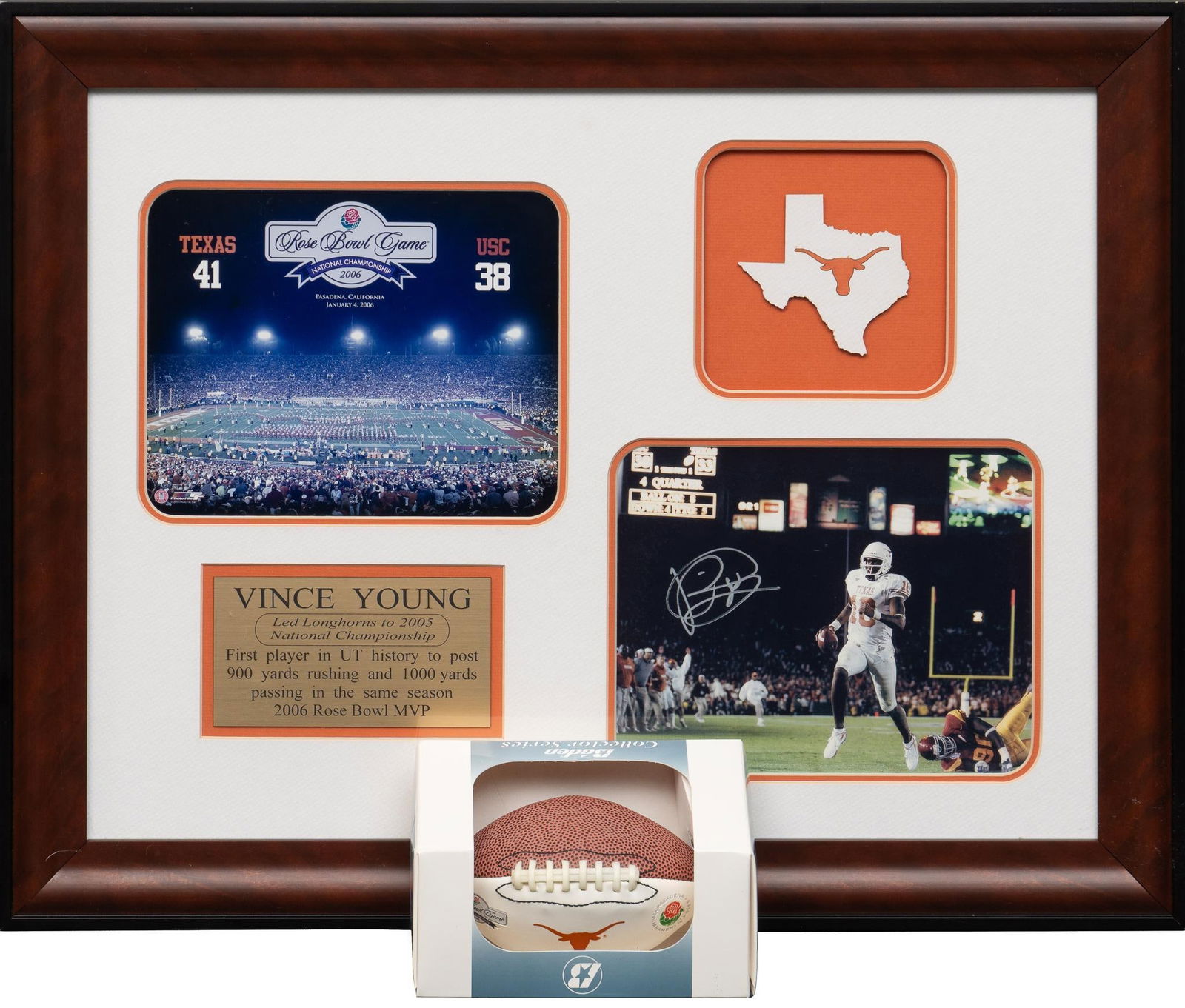 Vince Young UT Rose Bowl Signed Framed Commemorative Plaque and Mini Football: Vince Young UT Rose Bowl signed framed commemorative plaque and mini football, collection of images commemorating Vince Young and his accomplishments, comes with certificate of authenticity, mini UT f