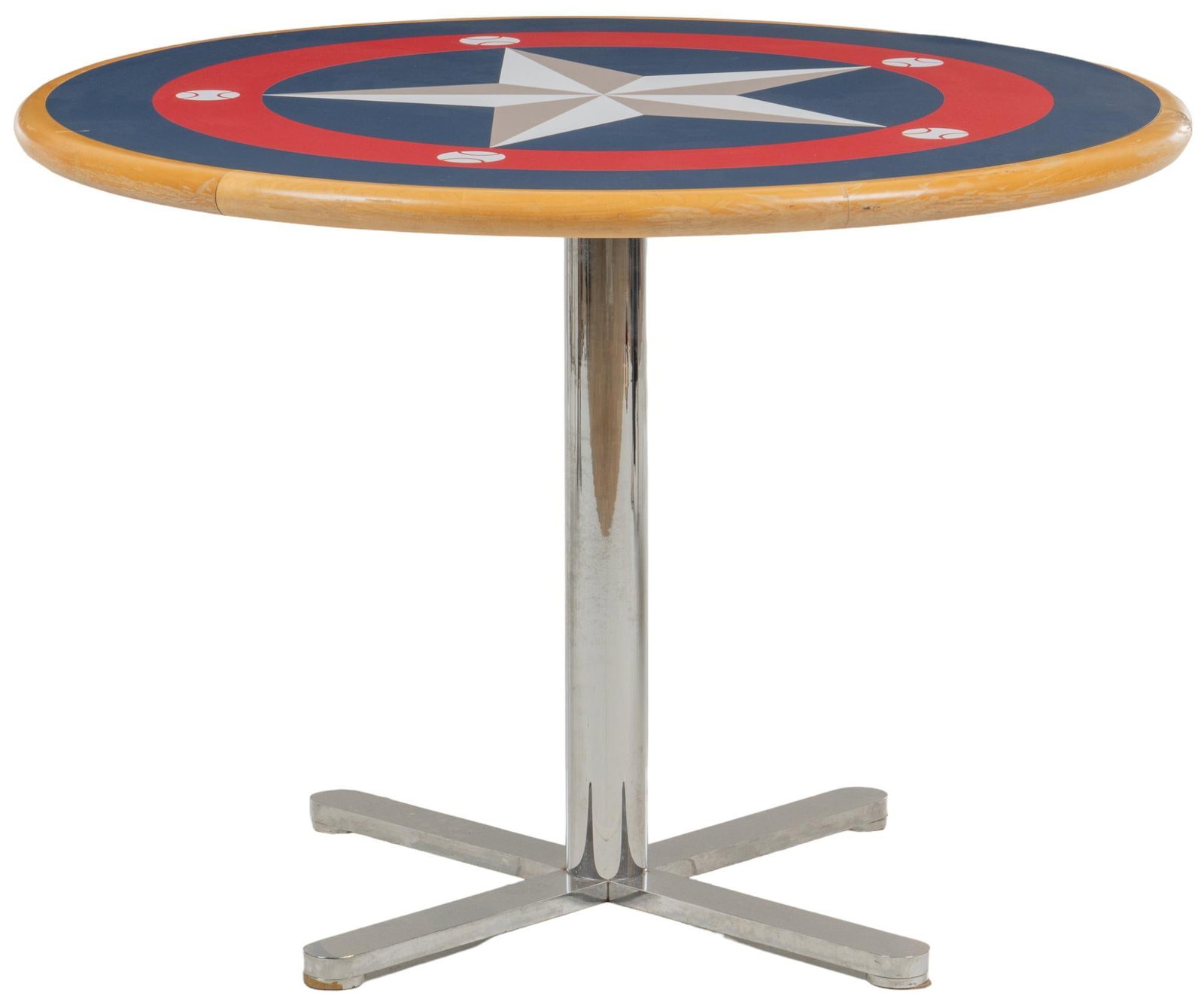 Texas Rangers Pub Table: Pub table featuring top Texas Rangers logo, supported on chrome base height 30 in. x diameter 41.5 in. Provenance: Property from the estate of a San Antonio, Texas Lady Shipping available for this lot