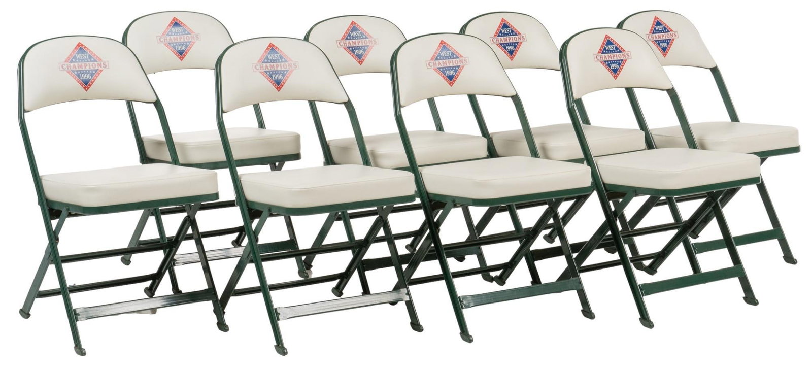 (8) Texas Rangers A.L West Champion Chairs: Set of eight Texas Rangers American Leage West Champions, 1996 green metal folding chairs, with white cushion and backrest height 32 in. x width 18 in. x depth 21 in. Provenance: Property from the est