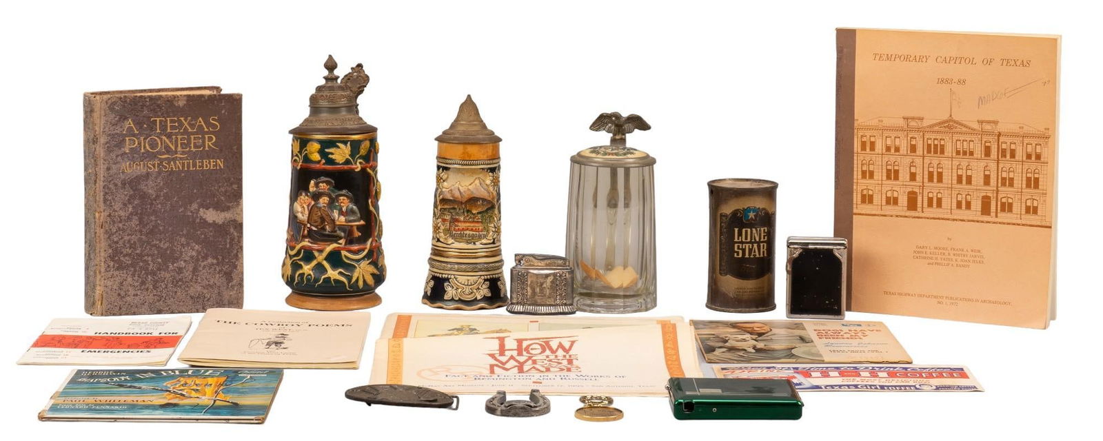 Collection of Vintage Texas Accents: Collection of vintage Texan ephemera and accents, includes three beer steins, lighter, two cigarette cases, a copy of "A Texas Pioneer" by August Santlebeen, with other printed items, and keepsakes