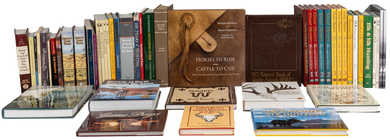 Collection of Wildlife Hunting Books: Collection of various books pertaining to hunting and wildlife, including "The Whitehead Encyclopedia of Deer" by G. Kenneth Whitehead, "Indian Hunts and Indian Hunters of the Old West"