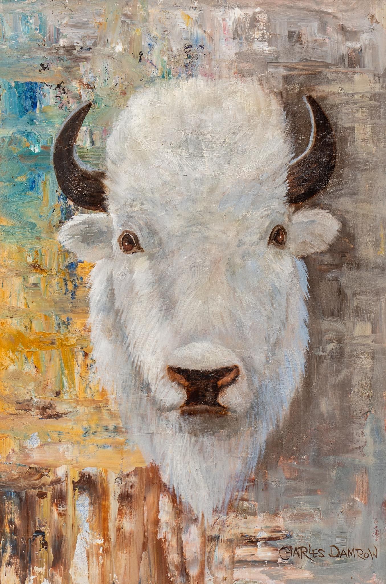 Charles Damrow, White Buffalo, 1971: Charles Damrow (Arizona, 1916-1989), White Buffalo, 1971, oil on masonite, dedicated to fellow artist Jane Irwin sight: 24 x 16 in., frame: 32 x 24 in. Shipping available for this lot through our pa