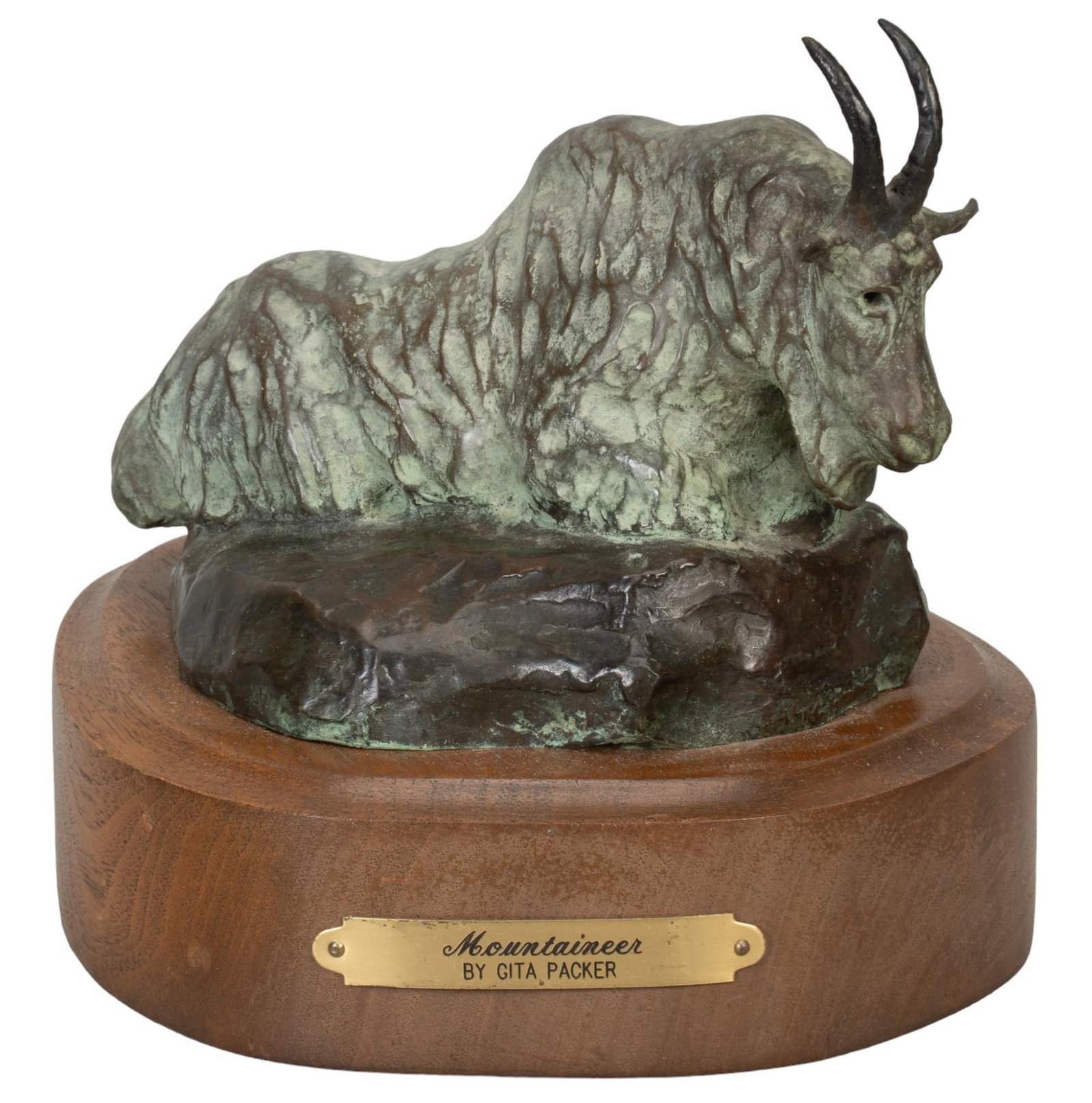 Gita Packer, "Mountaineer": Julia "Gita" Packer (Fort Worth, Texas, 1922-2005), "Mountaineer", artist-cast bronze sculpture on wooden base, ed. height 6 in. x width 6 in. x depth 6 in. Provenance: Property from t