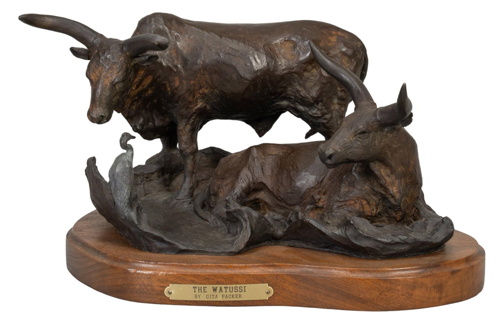 Gita Packer, "The Watussi": Julia "Gita" Packer (Fort Worth, Texas, 1922-2005), "The Watussi", artist-cast bronze sculpture on wooden base, ed. 1/15 height 7 in. x width 11.5 in. x depth 8.5 in. Shipping availabl