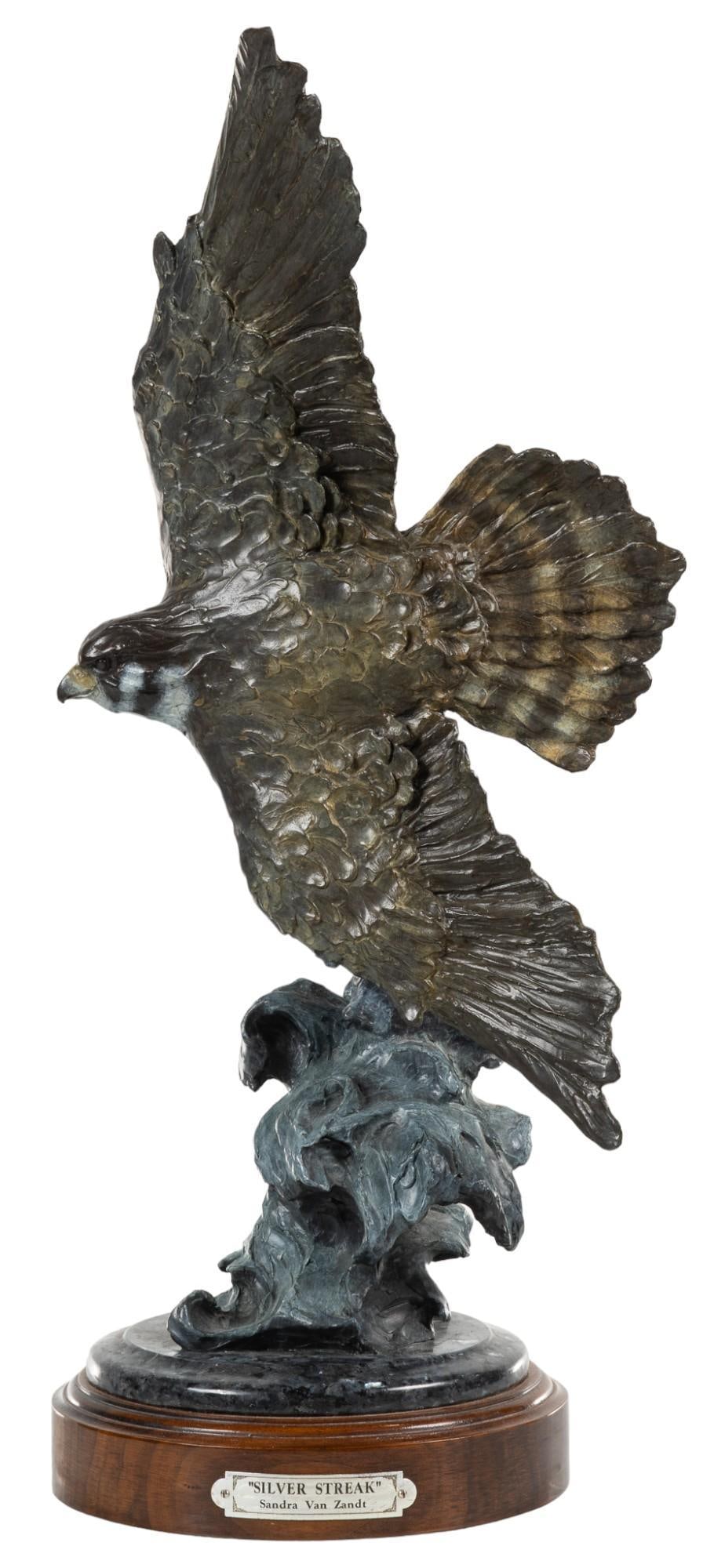 Sandra Van Zandt, "Silver Streak", 1993: Sandra Van Zandt (Oklahoma, b. 1948), "Silver Streak", 1993, bronze artist's proof sculpture, ed. 1/5 height 25 in. x width 5 in. x depth 9.5 in. Shipping available for this lot through ou