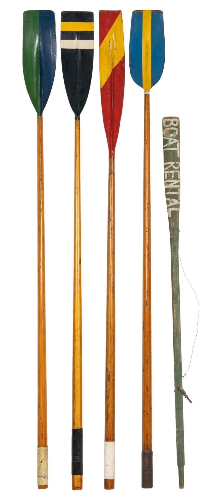 Set of (5) Wooden Boat Oars: Set of five wood boat oars, multicolored painted height 108 in. x width 7.5 in. x depth 2.5 in. Provenance: Property from the monumental lifetime collection of a distinguished Dallas, Texas business l