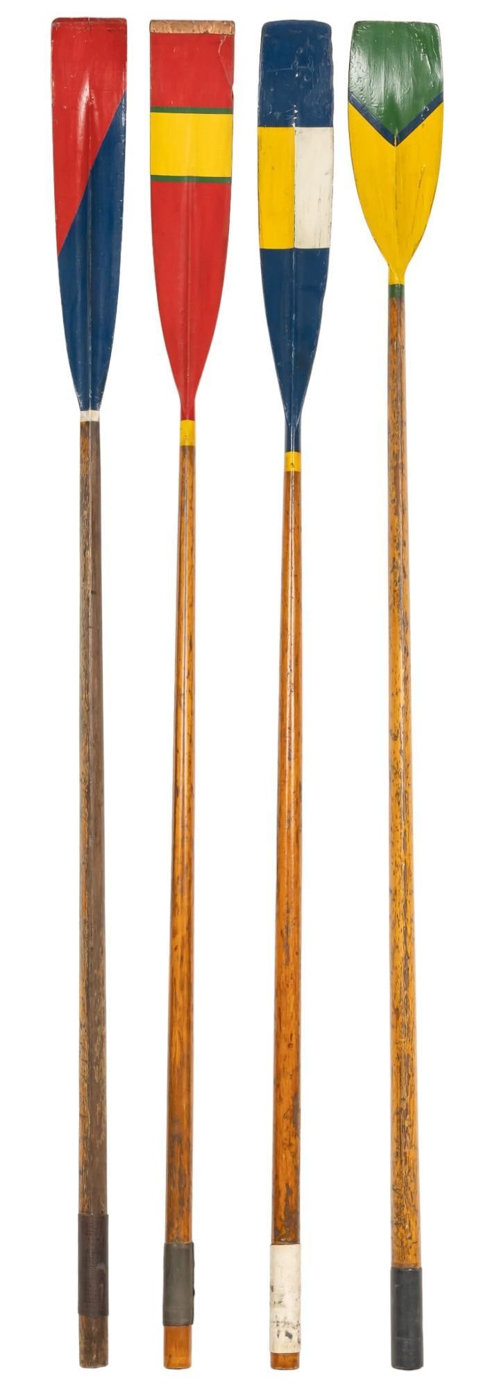 Set of (4) Wooden Boat Oars: Set of four wood boat oars, multi-colored paint on each oar height 109 in. x width 7 in. x depth 3 in. Provenance: Property from the monumental lifetime collection of a distinguished Dallas, Texas bus