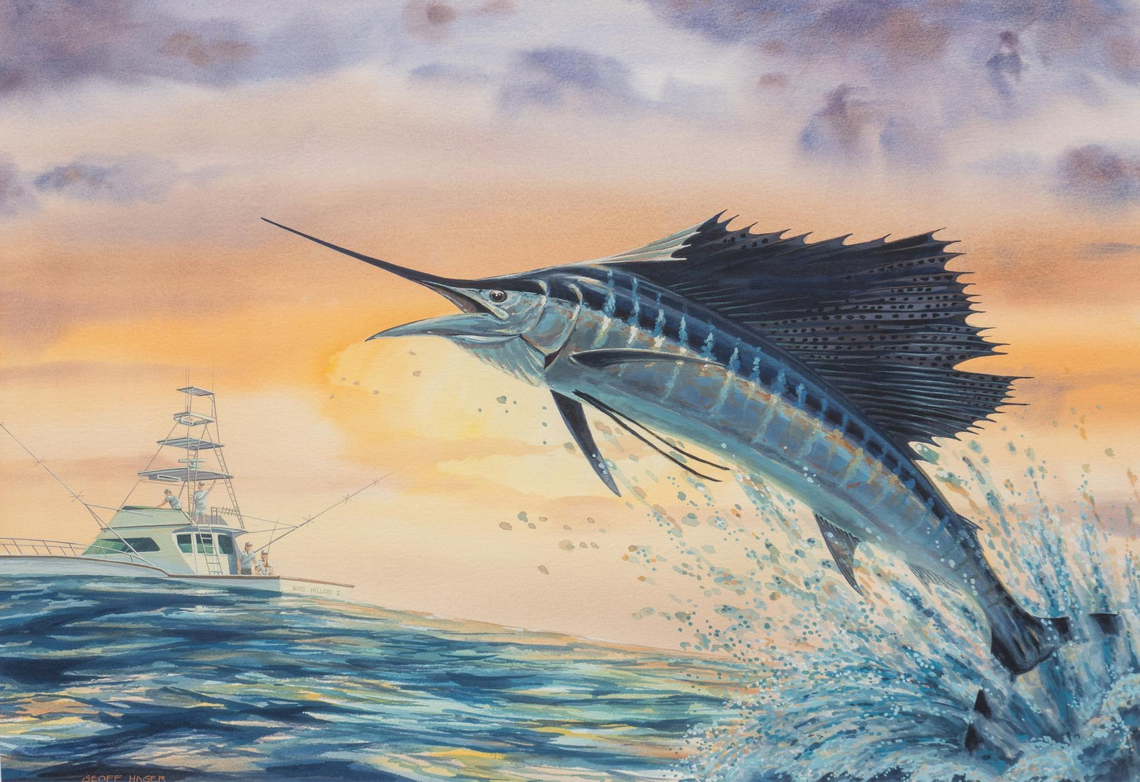 Geoff Hager, Fishing Day: Geoff Hager (Texas, 20th century), scene of leaping sailfish and fishing boat "Miss Hillori II", watercolor on artist paper sight: 20 x 29 in., frame: 29.5 x 38 in. Shipping available for this
