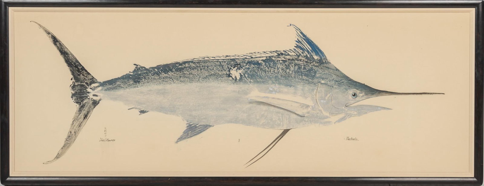 Monumental Blue 9 ft. Marlin Print: Monumental Blue Marlin 9 ft. print in wood frame height 46 in. x width 115 in. x depth 3 in. Provenance: Property from the monumental lifetime collection of a distinguished Dallas, Texas business lead