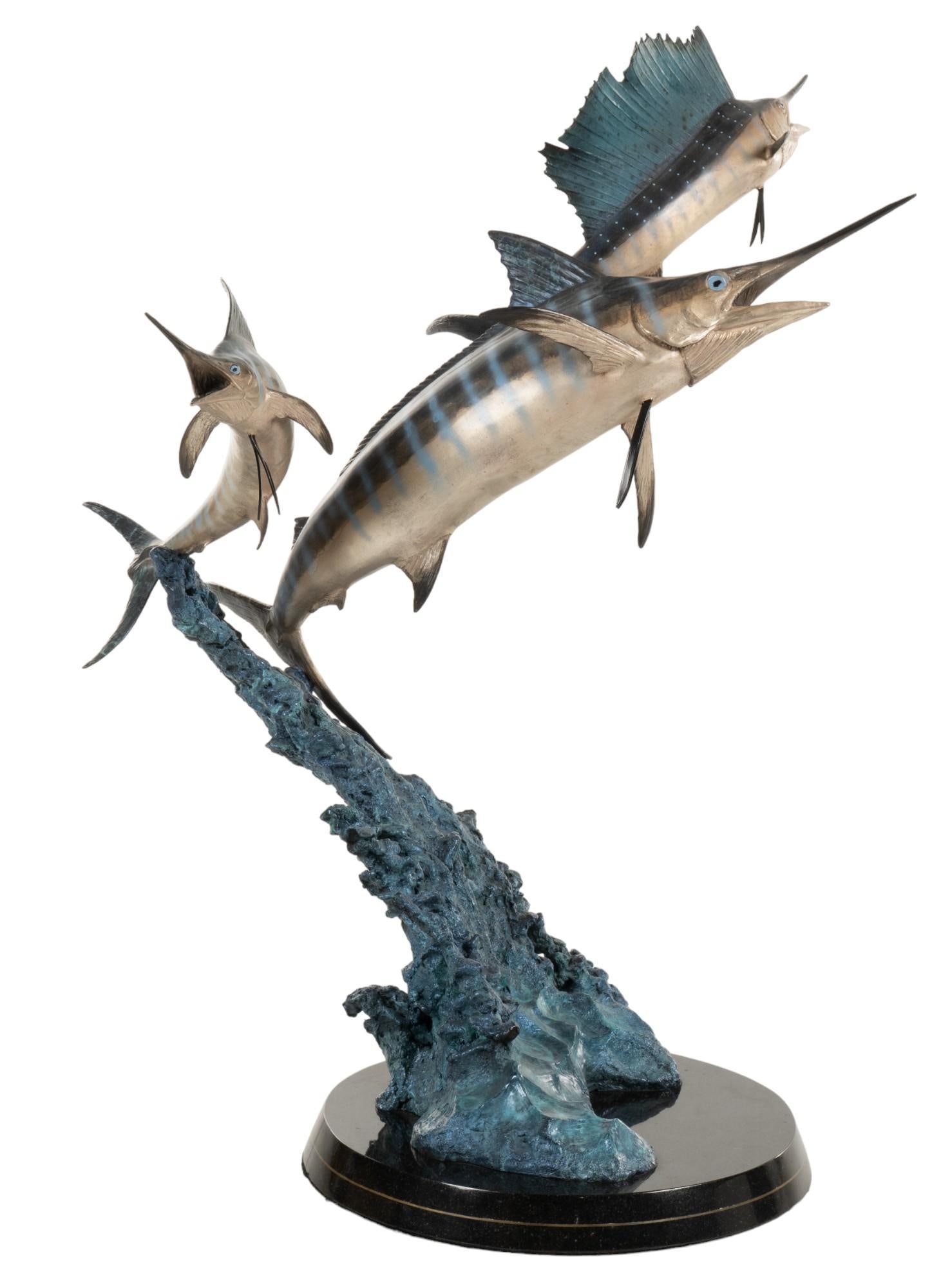 Robert Wyland, Grand Slam Bronze, 1996: Robert Wyland (California / Michigan, b. 1956), "Grand Slam" polychrome bronze sculpture height 34 in. x width 30 in. x depth 24 in. Condition: Area of patina loss to right side of sailfish's nose Shi
