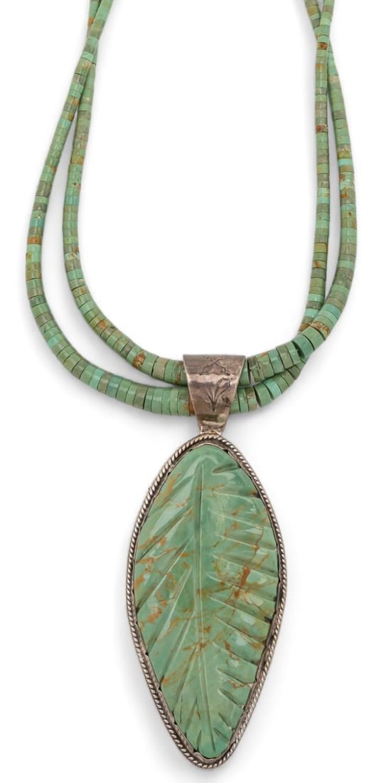 Pueblo Malachite and Sterling Silver Leaf Pendant Necklace: Pueblo malachite and sterling silver leaf pendant necklace, large inlaid malachite shaped into a leaf pendant, chain made up of small malachite beads and sterling silver fastenings Chain length: 26 i