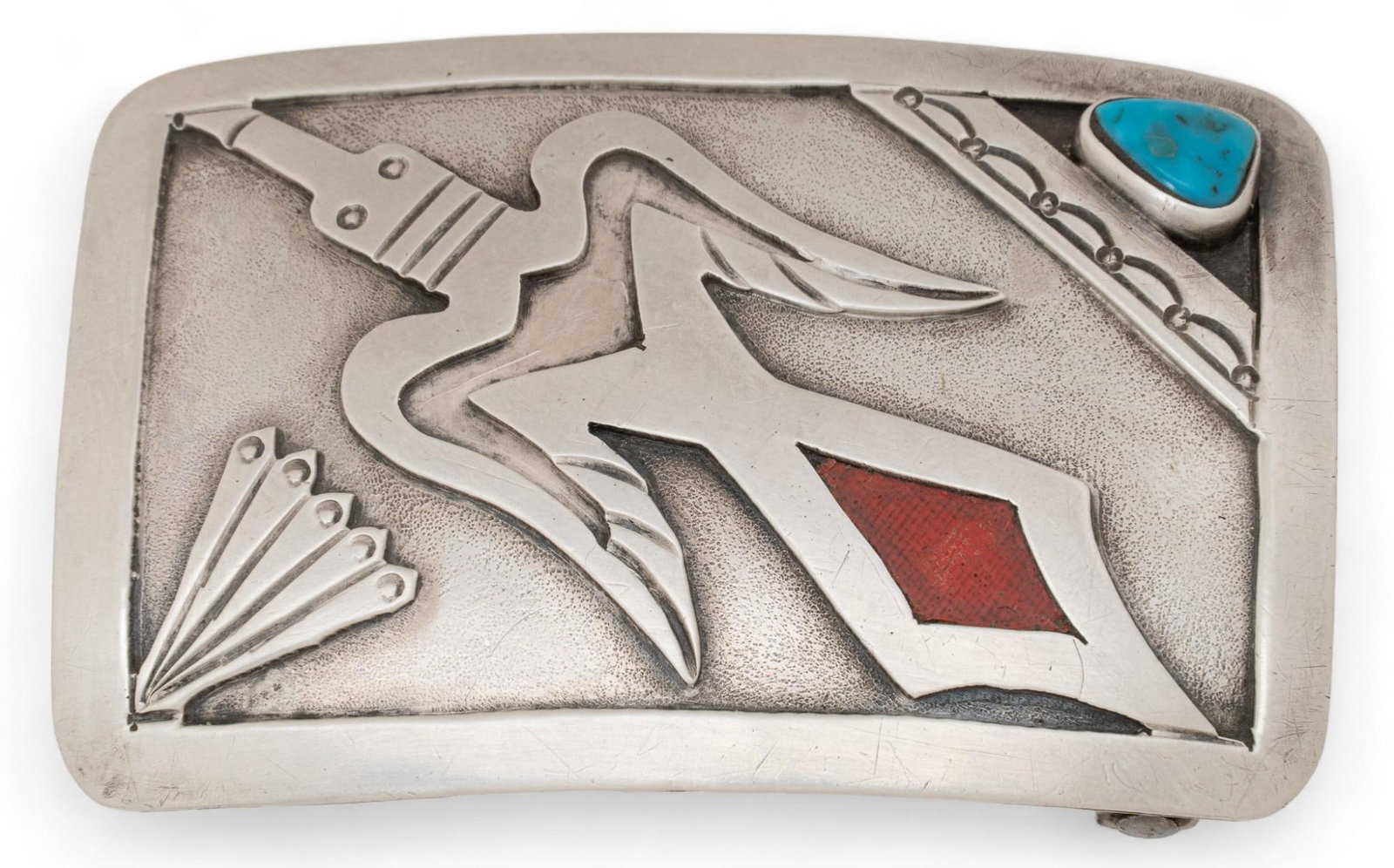 Sterling Silver Belt Buckle: Sterling silver belt buckle with bird motif, two inlaid stones one red and one turquoise, engraved geometric motifs with central bird design, marked "JS" Length 2.75 in x width 1.75 in Shippin