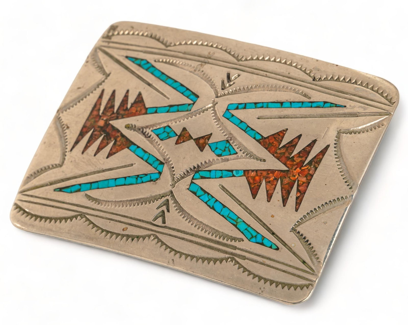 Navajo Sterling Silver Crushed Turquoise and Coral Belt Buckle: Navajo sterling silver crushed turquoise and coral belt buckle, marked length 2.25 in x width 2.75 in. Shipping available for this lot through our partner 4CL; please request a shipping quote at shipp