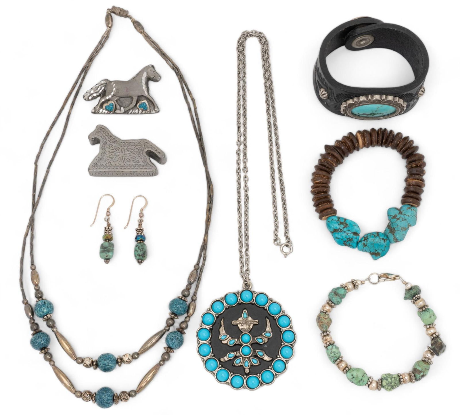 Collection of Native American Style Jewelry: Collection of Native American style jewelry, includes leather band with stones, two stone charm bracelets, two horse motif pins, blue stone necklace with figural pendant, double beaded string and ston