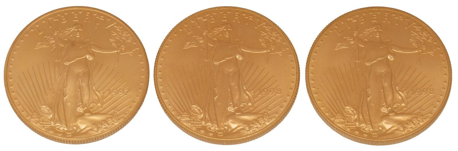 3 Gold Liberty 50 Dollar Coins: 3 gold United States Walking Liberty 50 Dollar coins, .999 fine gold 101.8 grams total weight Shipping available for this lot through our partner 4CL; please request a shipping quote at shipping@v