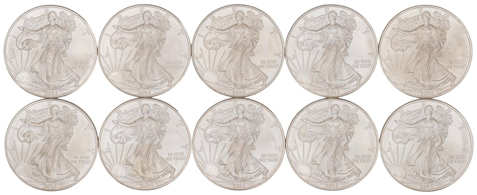 10 Silver Liberty 1 Dollar Coins: 10 silver Liberty 1 Dollar coins, fine silver, C. 2008 10.02 ozt. total weight Shipping available for this lot through our partner 4CL; please request a shipping quote at shipping@vogtauction.com 