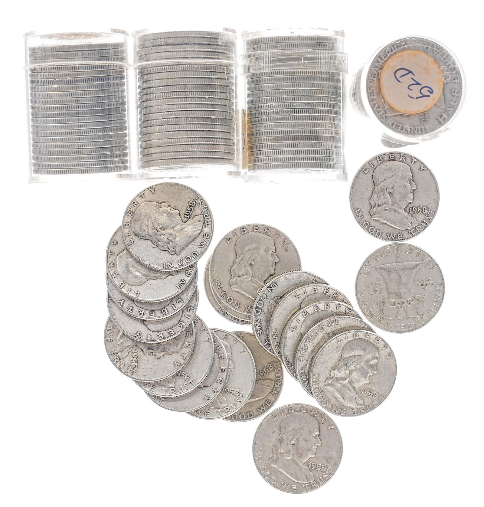 Five $10 Rolls Franklin Half Dollar Silver Coins: (100) 90% American Silver half dollars, $50 face value, includes 1951-S, 1952-D, 1958-P, 1959-D, 1963-P Total approximate silver weight 36ozt Provenance: A San Antonio, Texas Estate €‹€��