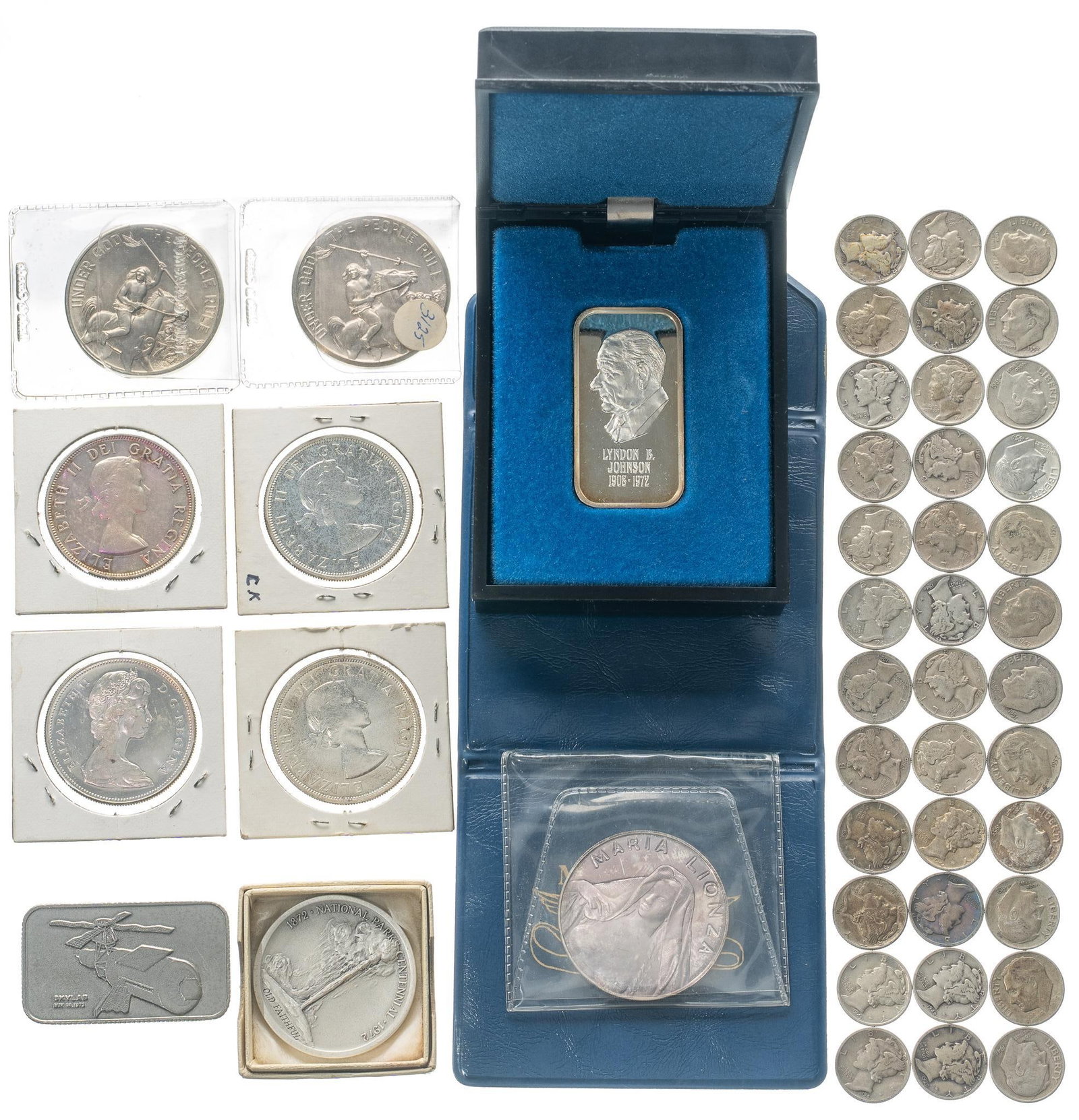 Mixed US & Foreign Coins: Includes: 24- Mercury silver dimes 12- Eisenhower silver dimes 4- Canadian silver dollars 1- National Parks Centennial "Ol Faithful" coin 1- LBJ silver 1 Ozt Ingot 2- South Dakota souvenir dol