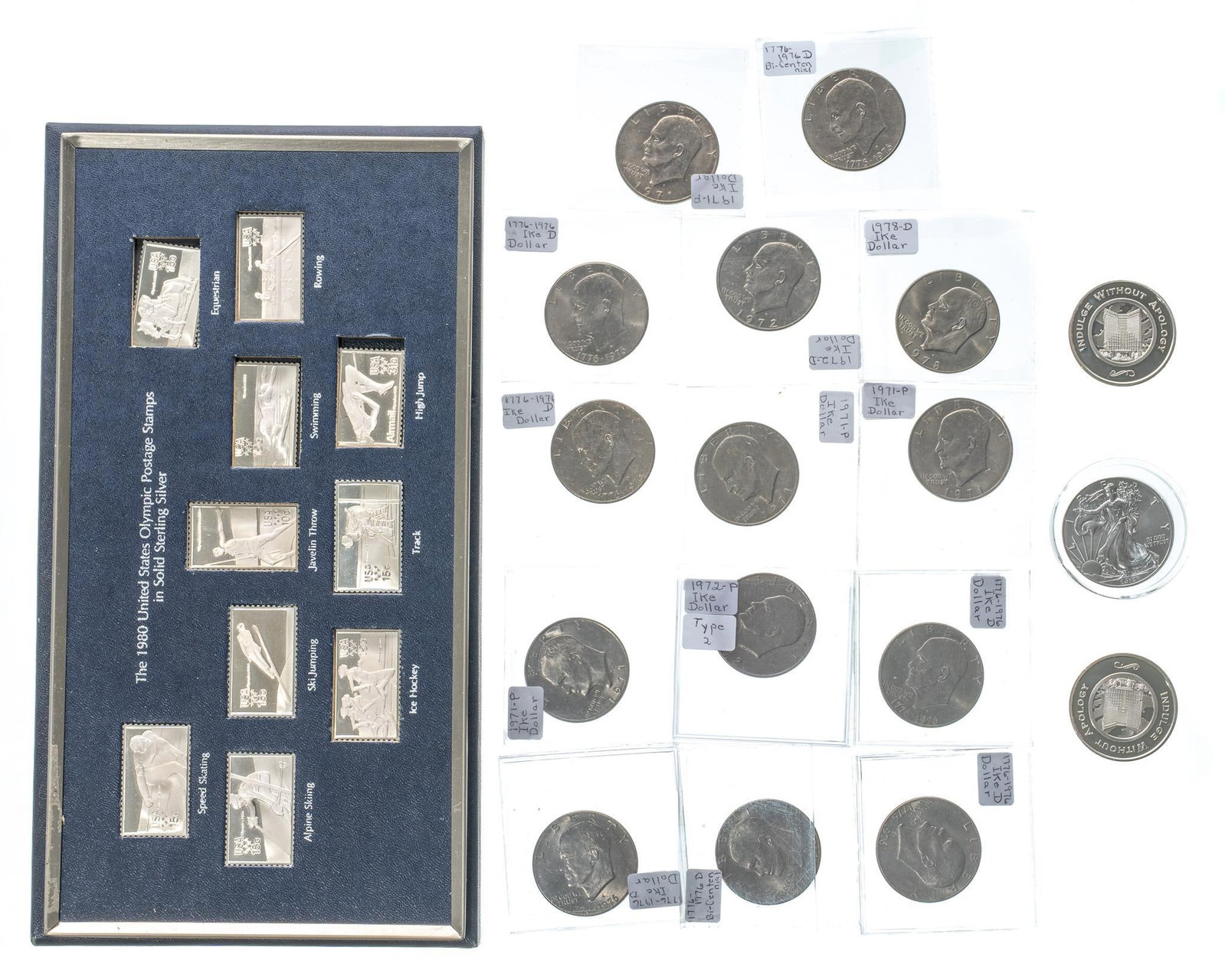 Silver Coins, Eisenhower Dollars & US Olympic Silver set: Includes: 3-1Oz silver coins, 14 Eisenhower dollars A commemorative Olympics silver set €‹€‹€‹€‹€‹€‹€‹Provenance: The Collection of Nancy Willis, San A