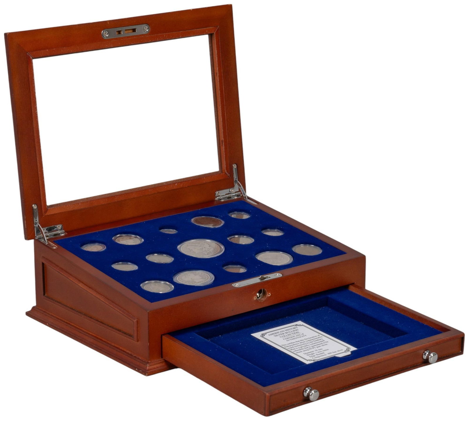15 19th C. U.S. Coins Collection: 15 19th C. U.S. coins collection including silver dollars, dimes, pennies, and more, 15 coins total height 3.5 in. x width 11 in. x depth 8 in. Shipping available for this lot through our partner 4CL;