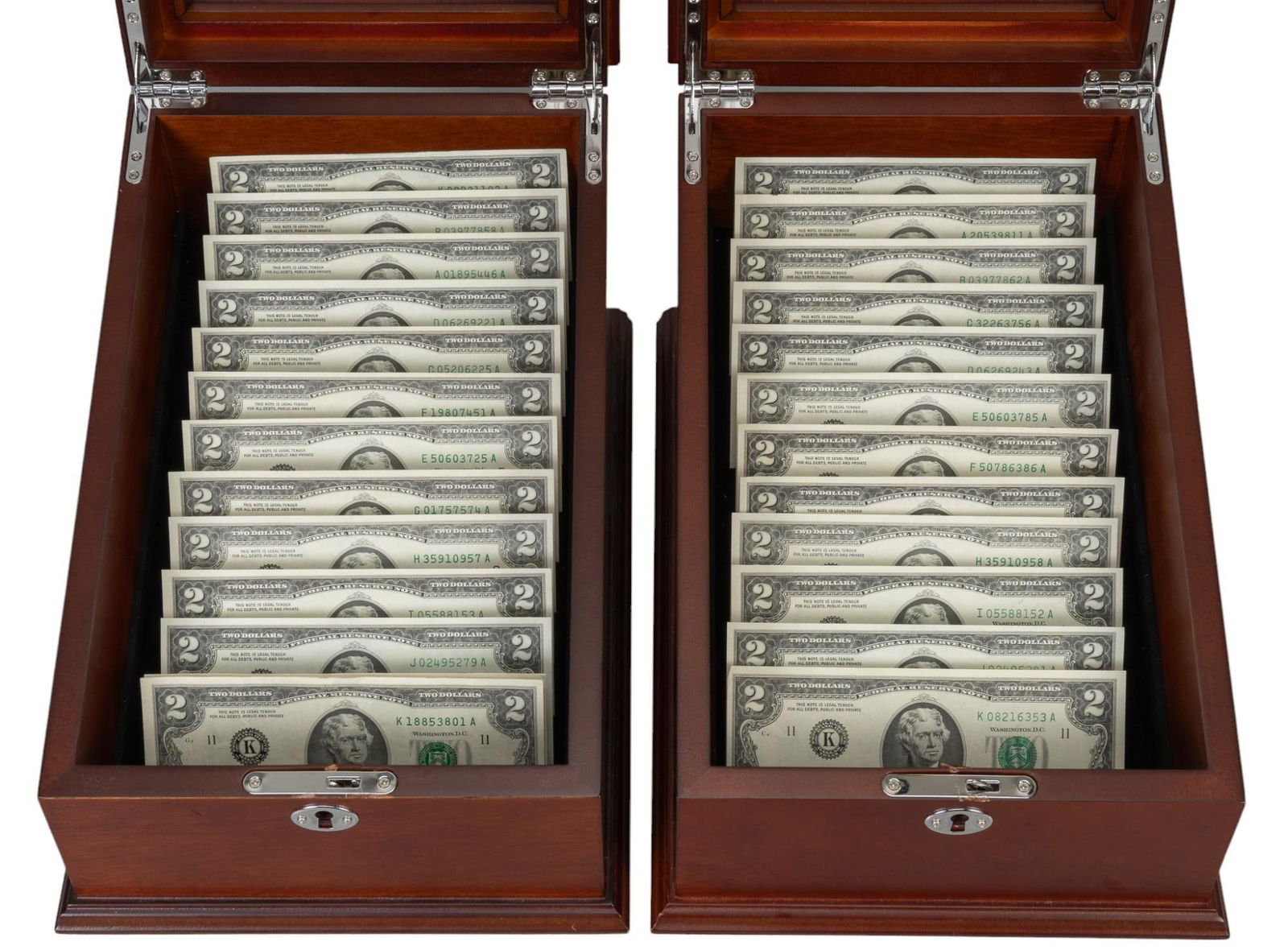 2 Boxed Two Dollar Bill Collections: 2 boxed United States two dollar bill collections, 1976, one each from each Federal Reserve districts, as well as 3 additional bills, in collectors display boxes height 7.5 in. x width 9 in. x depth