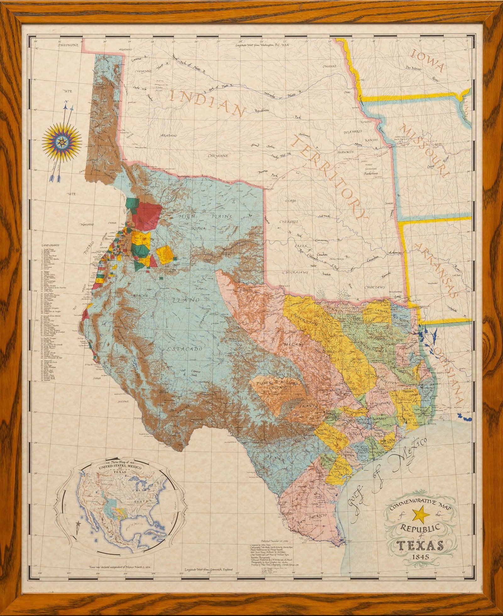 Commemorative Map of Texas, 1845: Commemorative map of Texas from 1845, depicts Texas and its territories in 1845 sight: 30 x 24 in., frame: 34 x 28 in. Provenance: Property from the monumental lifetime collection of a distinguished D