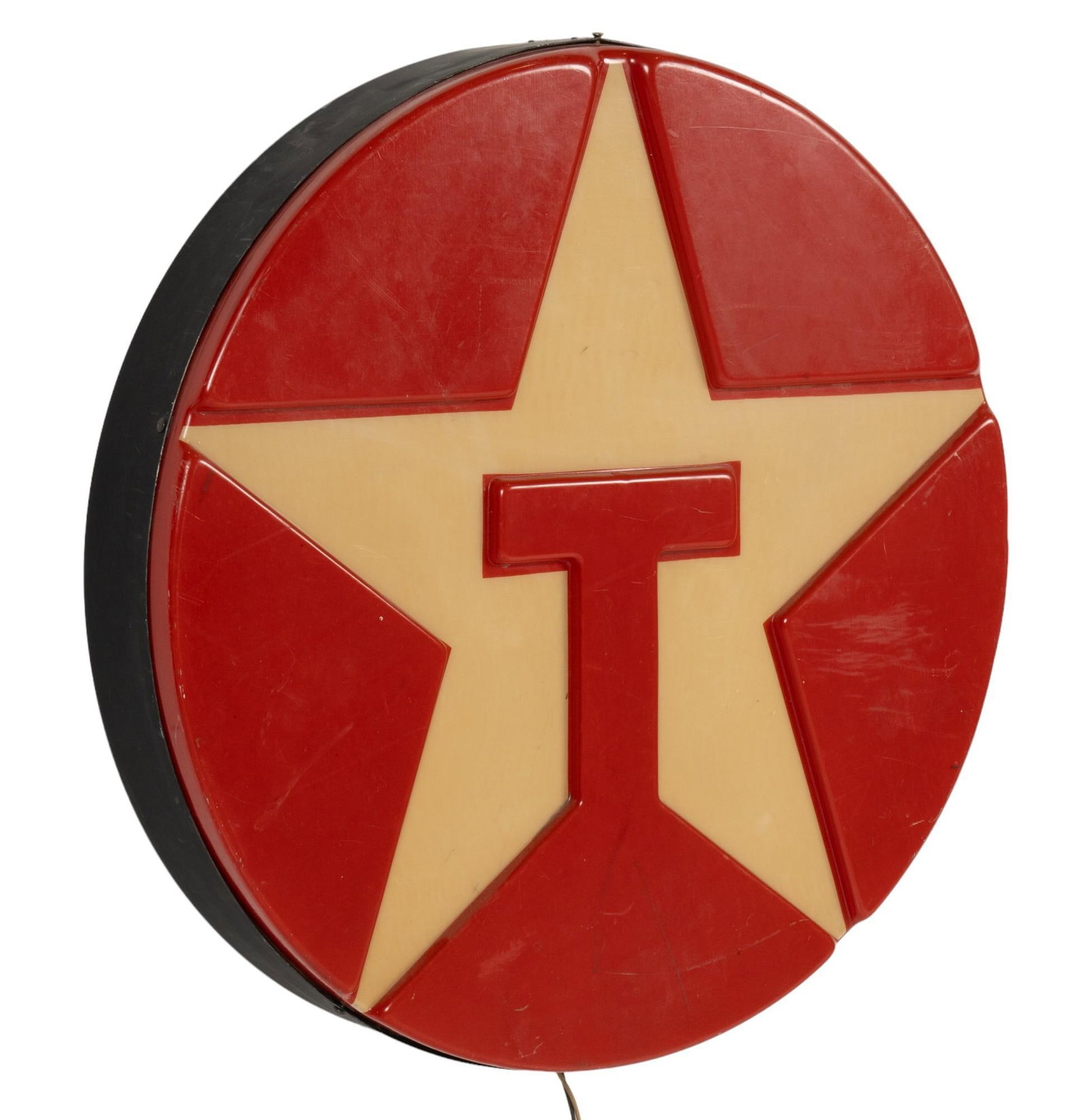 Vintage Texaco Gas Station Sign: Vintage illuminating Texaco Gasoline station sign, in working condition diameter 33 in. x depth 5.5 in. Shipping available for this lot through our partner 4CL; please request a shipping quote at ship