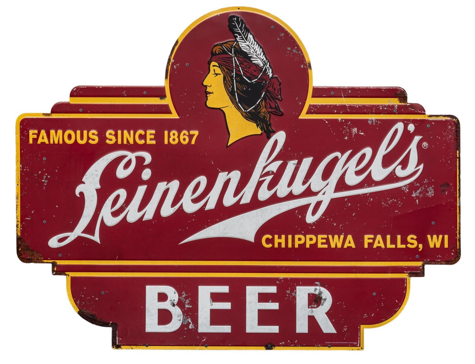 New Old Stock Leinenkugel Beer Sign: New old stock single sided metal sign for Leinenkugel Beer sign height 30.5 in. x width 40 in. Property from the personal collection of a New Braunfels, Texas gentleman who has collected vintage signa