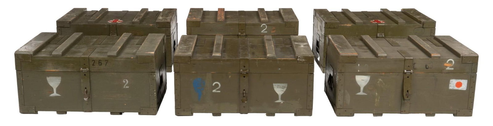 Collection of (6) Vintage Trunks: Collection of six vintage trunks, each trunk is identical with its size and style, inside there is one central storage area, with several small holes and pockets, outside of the box is wood with paint