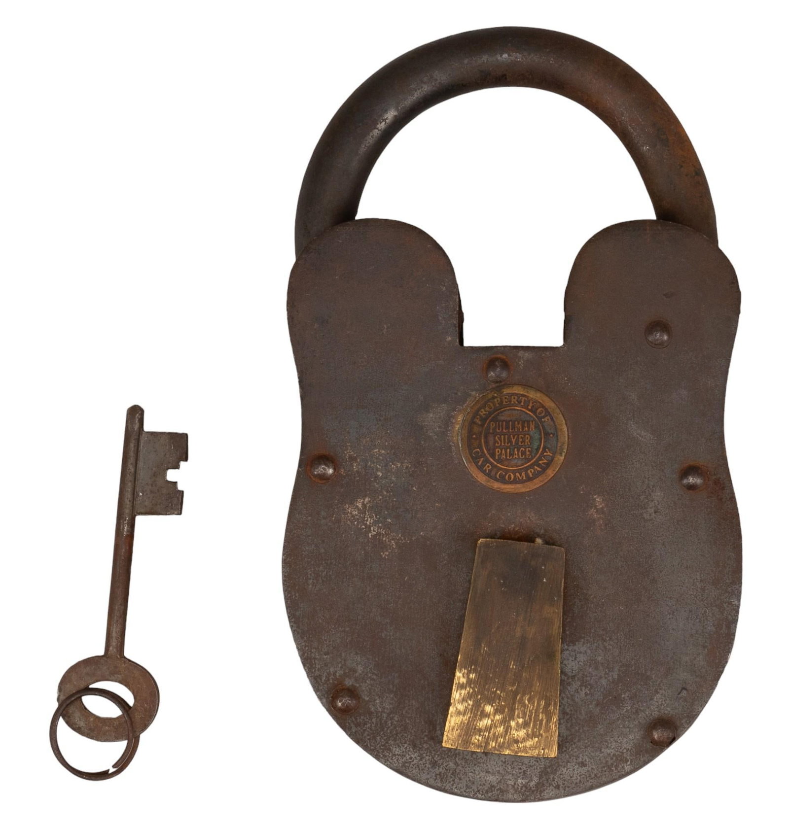 Pullman Silver Palace Car Company Metal Padlock with Key: Pullman Palace Car Company metal padlock with key, company engraved on metal plate on lock, working lock and comes with key height 11 in. x width 6.5 in. x depth 2 in. Provenance: Property from the mo