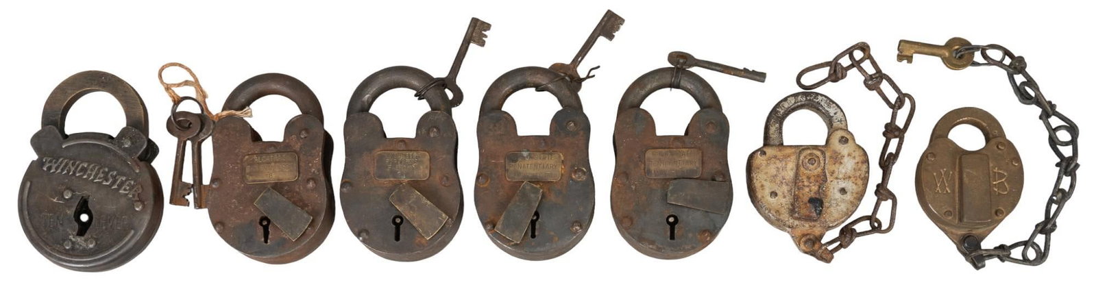 Collection of (7) Vintage Padlocks: Collection of seven vintage padlocks, includes locks from "Winchester Firearms Factory", "Alcatraz San Fransisco", and "Colorado State Penitentiary", four padlocks come with th
