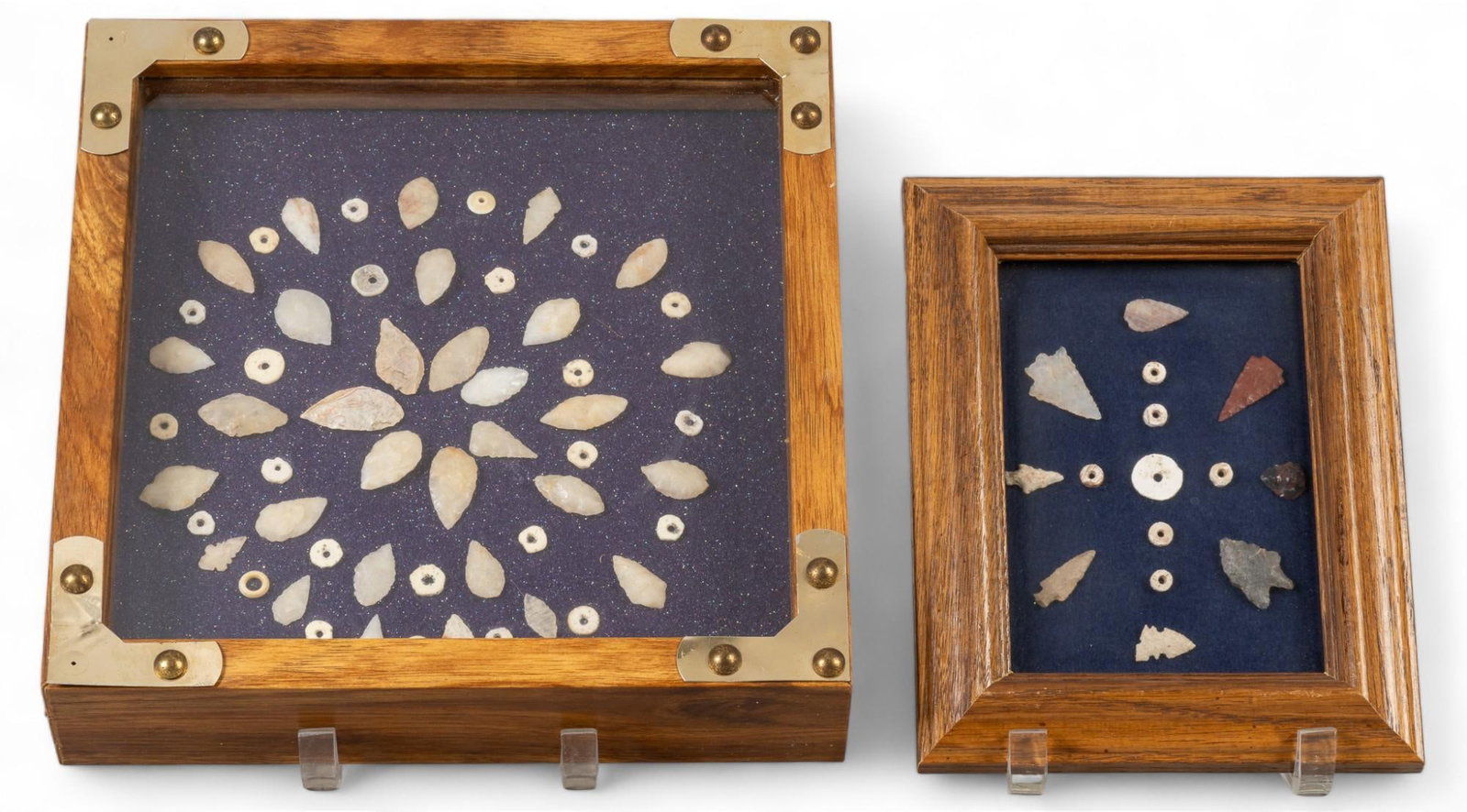 Set of (2) Collections of Projectile Points: Set of two collections of projectile points, one in wood frame, one in wood display case, from archeology dig in cave shelter in Eastern Kentucky height 11 in. x width 11 in. x depth 2.5 in. Provenanc