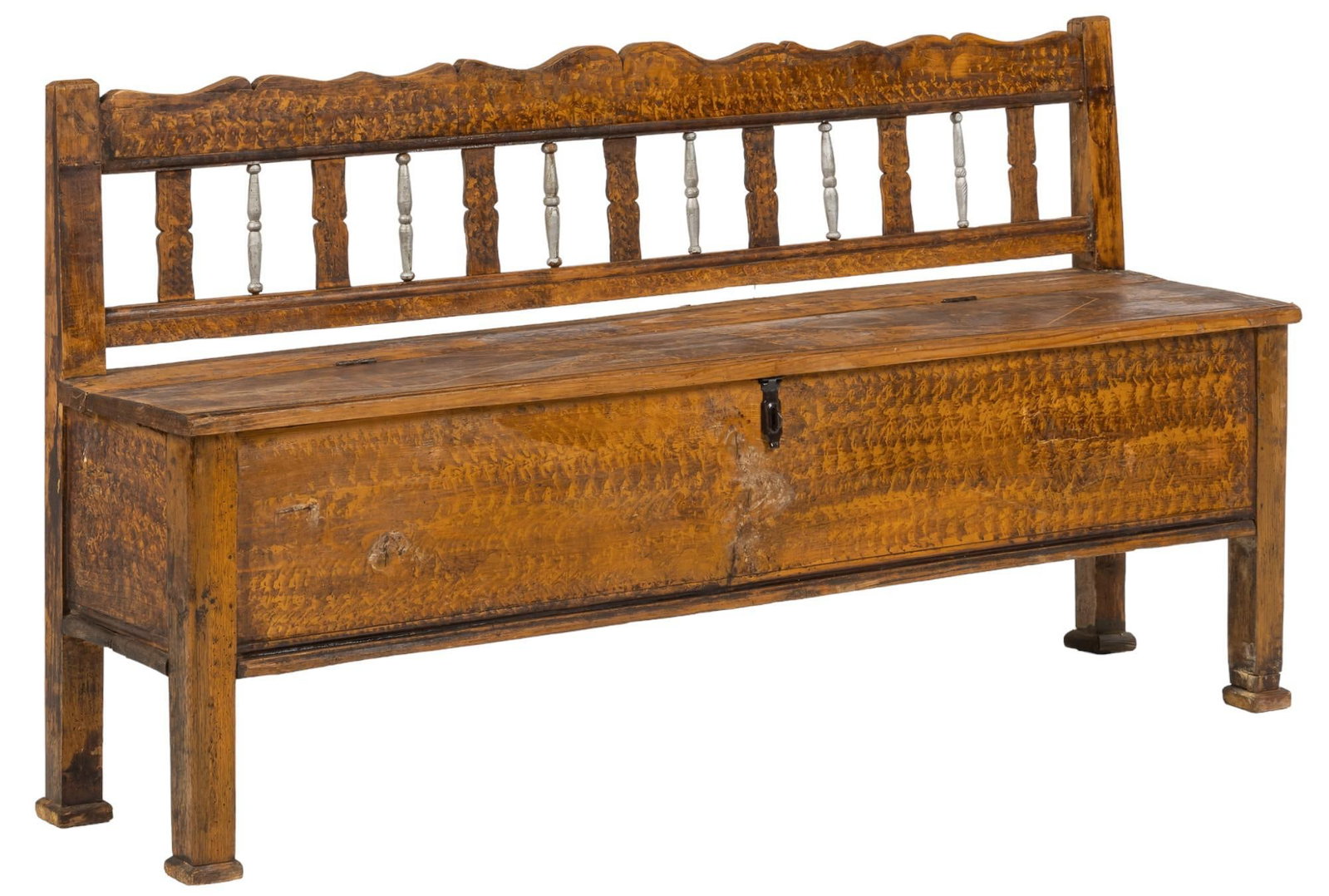 Rustic Hallway Bench: Rustic wooden hallway bench, slat back, supporting storage compartment under seat, with latch, faux wood grain finish height 33.5 in. x width 63 in. x depth 16 in. Shipping available for this lot thro