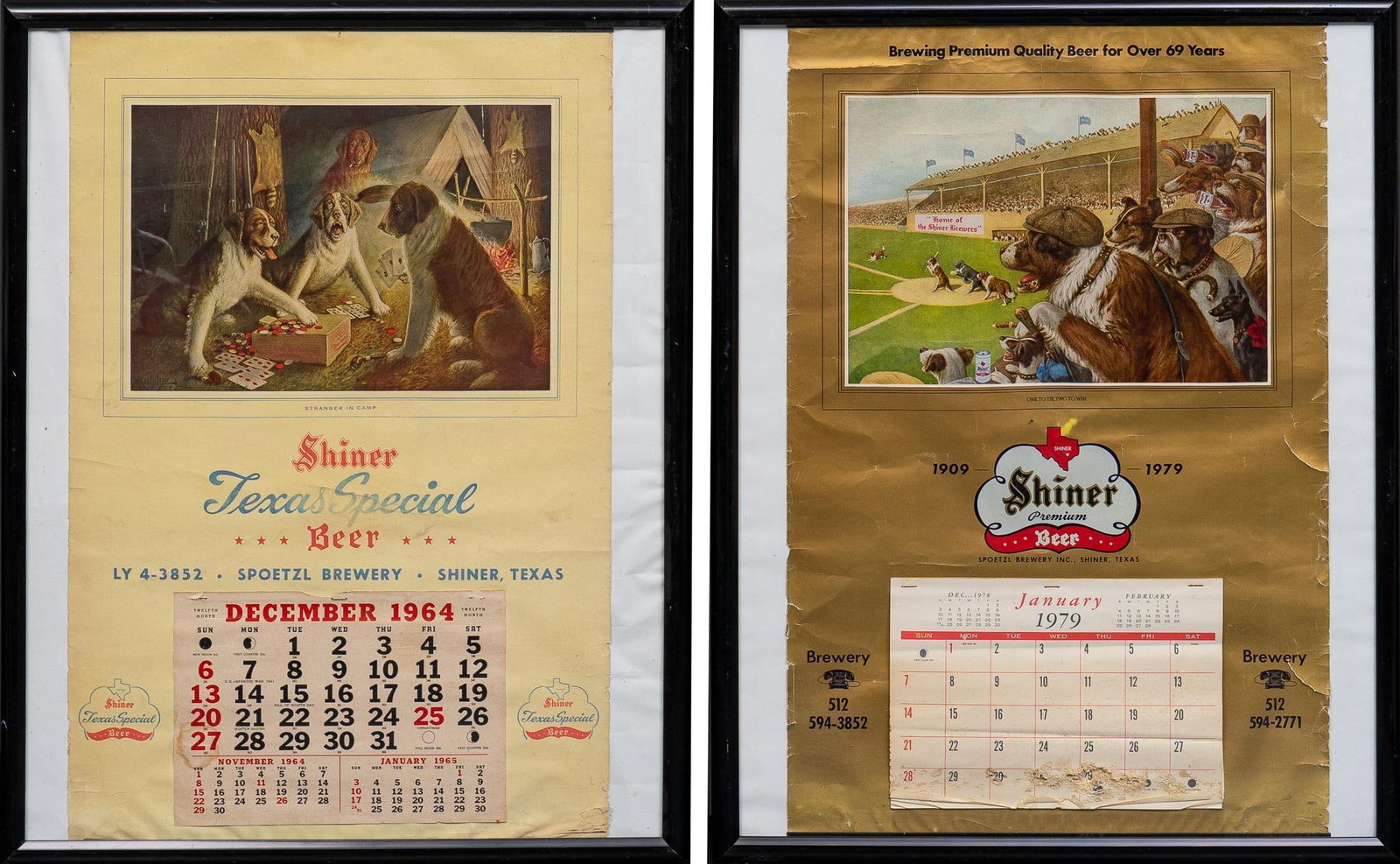 Set of (2) Vintage Shiner Beer Calendar Sheets: Set of two vintage Shiner Beer calendar sheets, one sheet has an image of three dogs playing poker and underneath the image is a calendar of December 1964, one sheet has an image of dogs watching a ba
