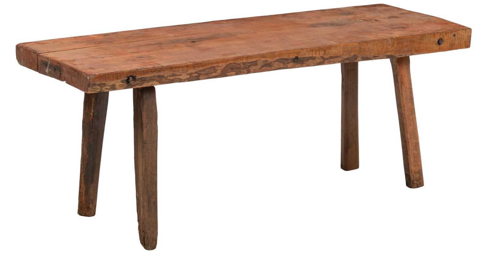 Primitive Wooden Bench: Primitive wooden bench, with four splayed legs, oversized top height 26.5 in. x width 67.5 in. x depth 21 in. Shipping available for this lot through our partner 4CL; please request a shipping quote a