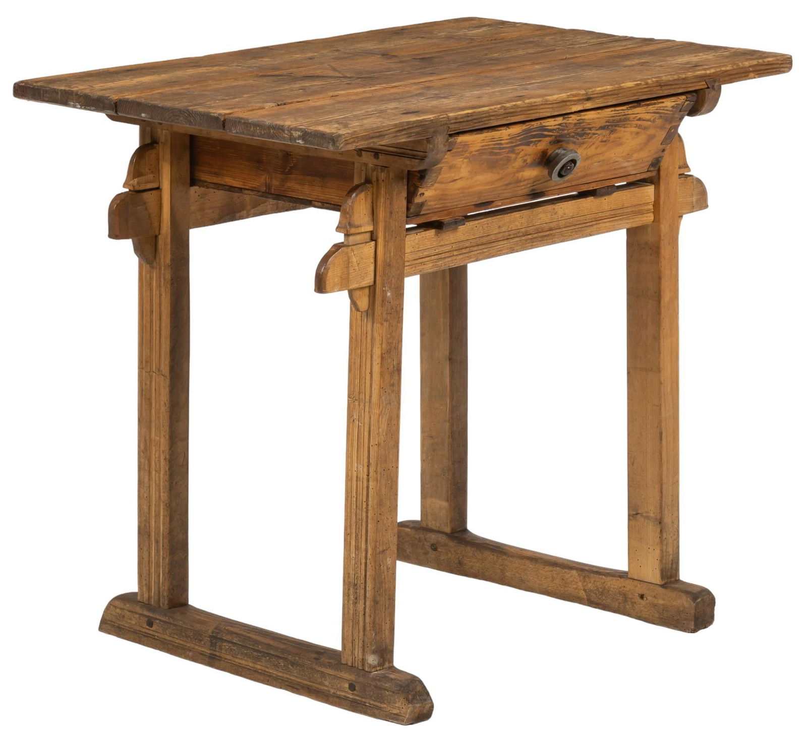 Primitive Work Bench: Primitive wooden work bench, oversized top above single drawer, supported on stretchered stand height 30 in. x width 34 in. x depth 23 in. Shipping available for this lot through our partner 4CL; pl