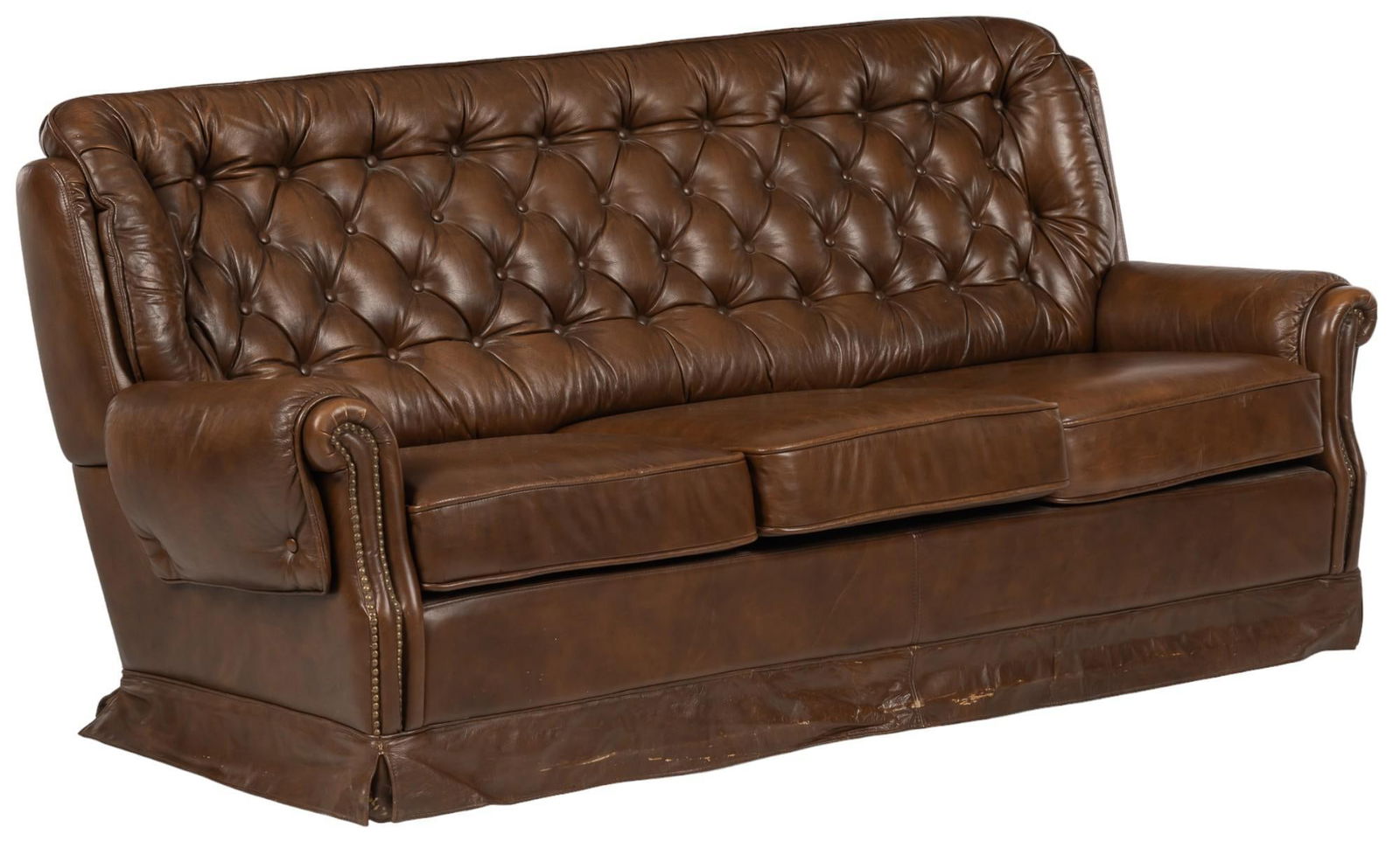 Brown Leather Sofa: Tufted brown leather three-seat sofa, beaded accents, scrolled arms height 35 in. x width 75 in. x depth 29 in. Shipping available for this lot through our partner 4CL; please request a shipping quo