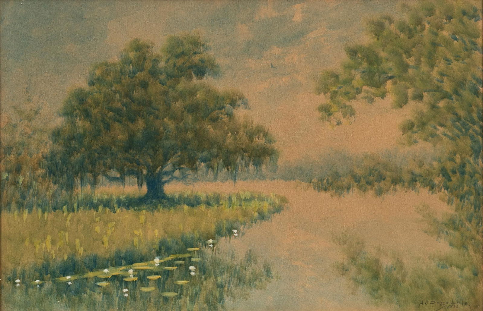 Alexander Drysdale, Texas Bayou, 1930: Alexander John Drysdale (Georgia / Texas, 1870-1934), view of Texas bayou with Spanish moss, 1930, oil wash on artist panel sight: 20 x 30 in., frame: 23.5 x 33.5 in. Shipping available for this lot