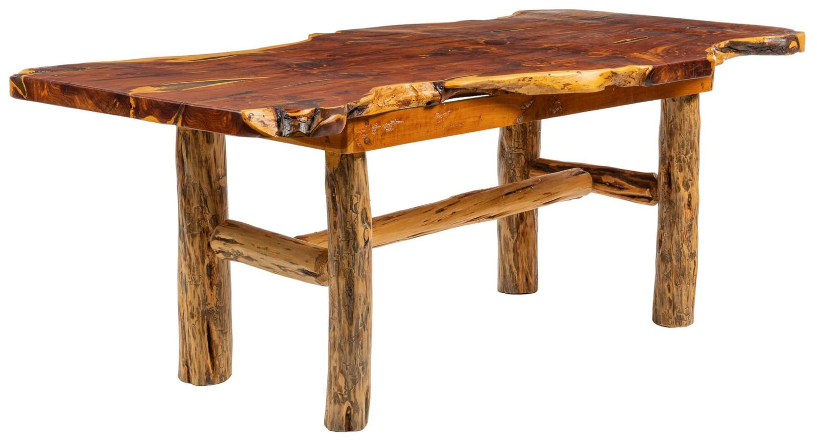 Live Edge Cedar Table: Live edge cedar table, with top having organic features, supported on cedar log legs, with H-form stretcher height 30.5 in. x width 84 in. x depth 40 in. Provenance: Property from the monumental li