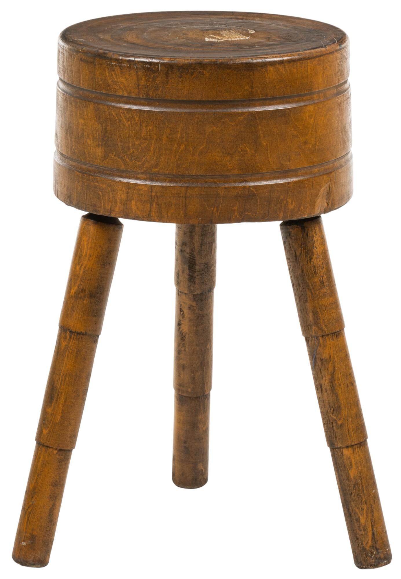 Butcher Block: Butcher block side table, featuring thick top supported on splayed tripod legs height 34.5 in. x width 25 in. x depth 25 in. Provenance: Property from the monumental lifetime collection of a distingui