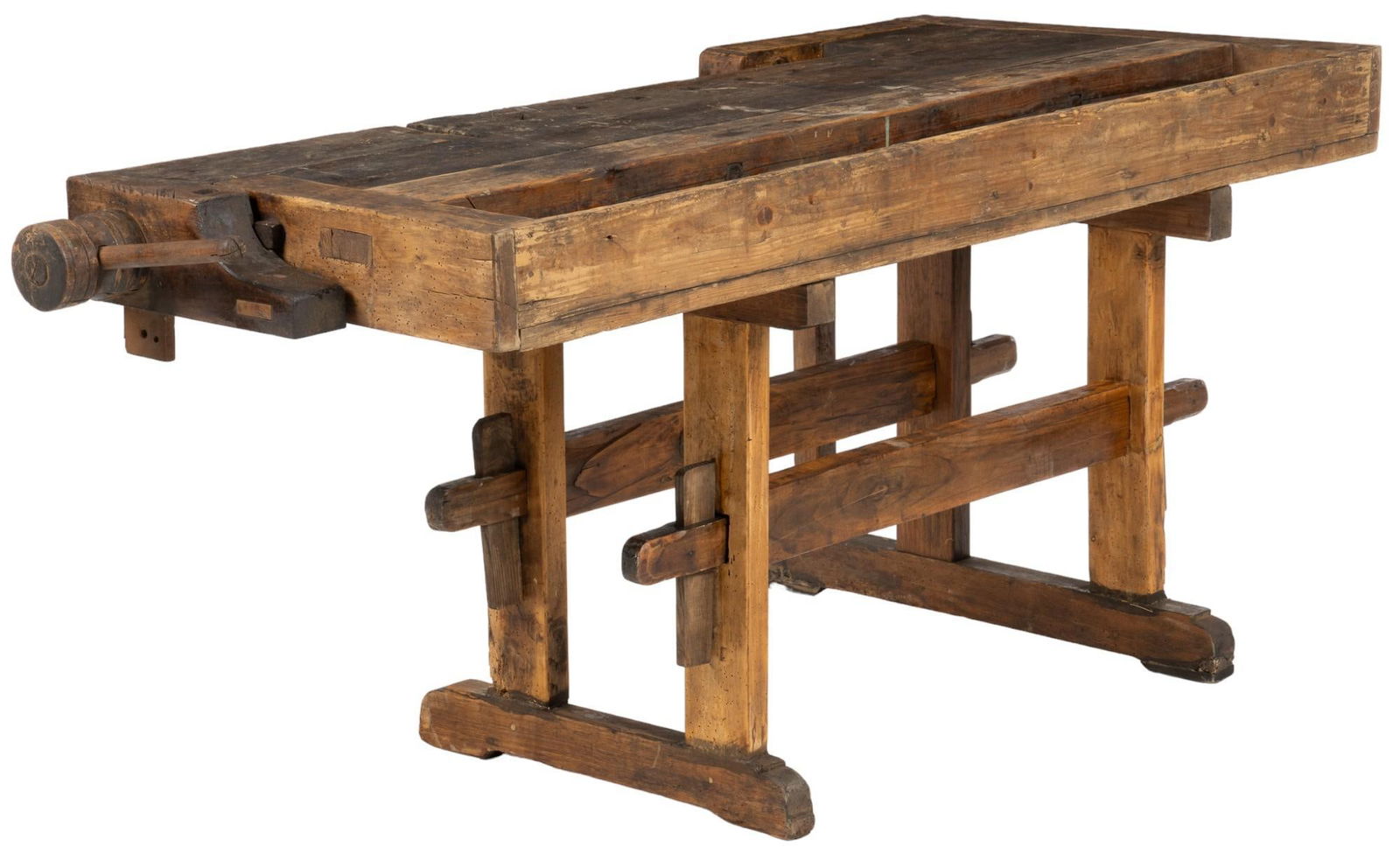 Rustic Work Table: Rustic work table, with dovetail joinery and vice, supported on trestle legs height height 31 in. x width 72.5 in. x depth 31 in. Shipping available for this lot through our partner 4CL; please requ
