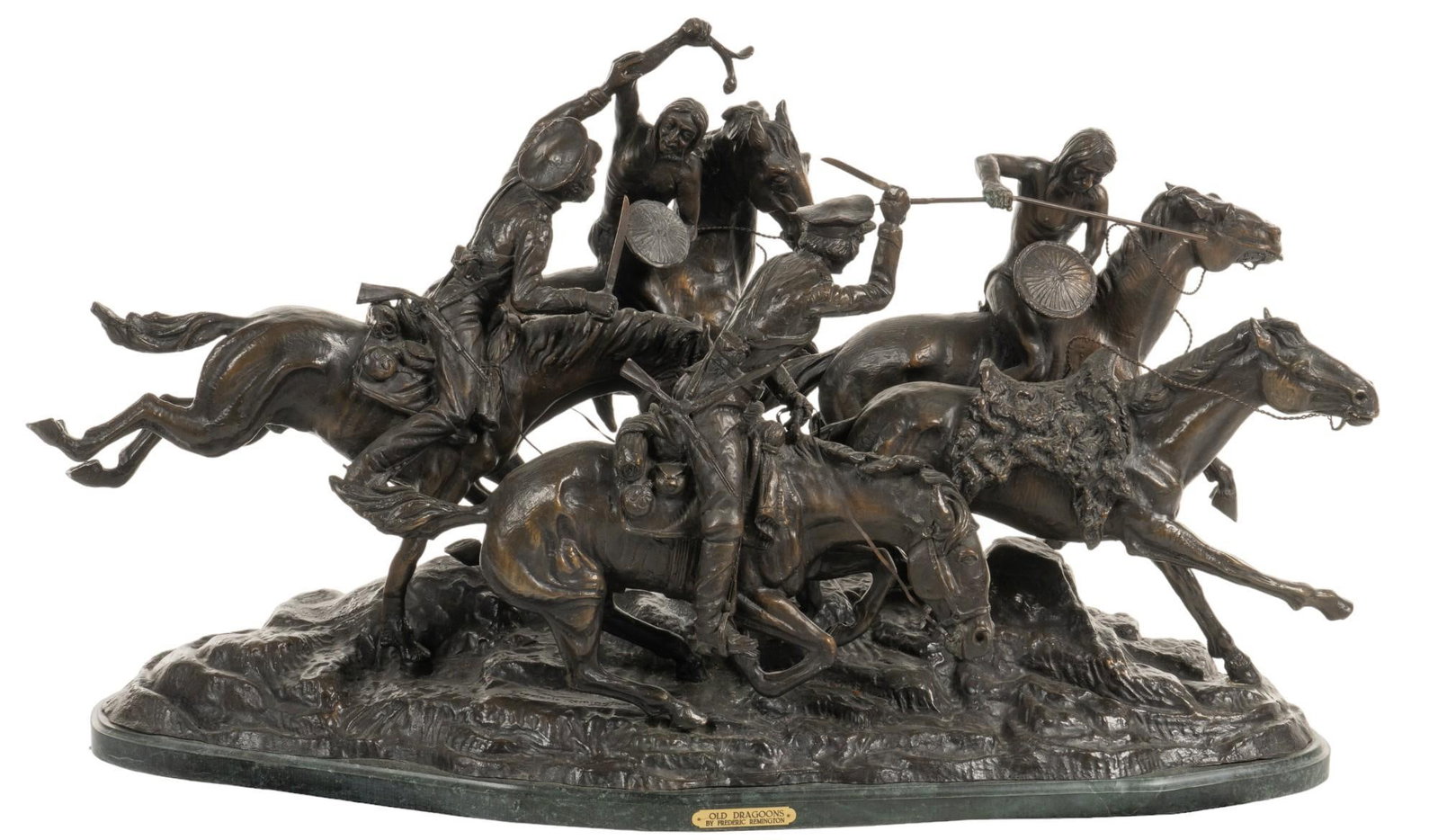 Frederic Remington, "Old Dragoons": Frederic Remington, "Old Dragoons", freestanding bronze recast sculpture height 26 in. x width 46 in. x depth 21.5 in. Provenance: Property from the estate of a Vero Beach, Florida lady Shippi