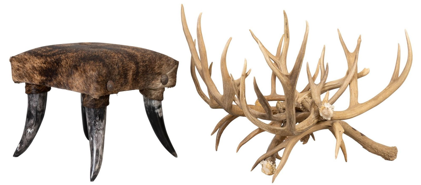 Set of (2) Rustic Accents: Set of two rustic accents, one is a cowhide and longhorn horn stool, with several horns as legs, one is a rack made out of intertwined antlers height 20 in. x width 23 in. x depth 27 in. / antler rack